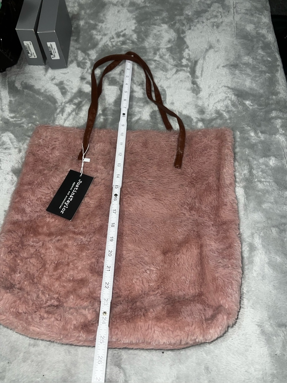 NWT Justin Taylor Pink Faux Fur Tote Bag Brown Handles Shoulder Bag